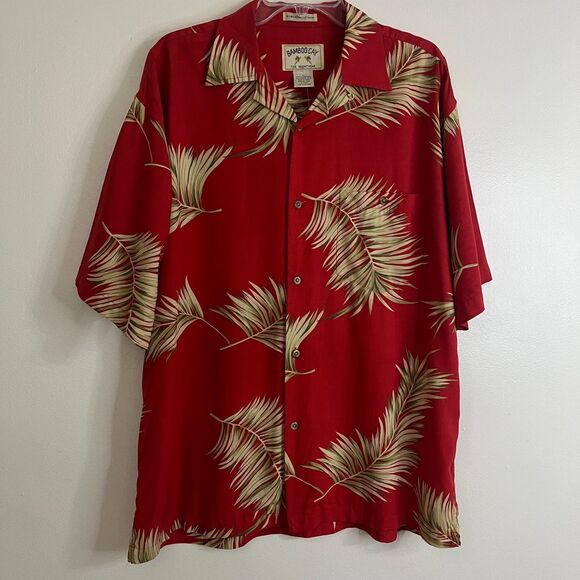 Bamboo Cay Other - BAMBOO CAY Shirt Men Large Red Short Sleeve Button Leaves Tropical Viscose Blend